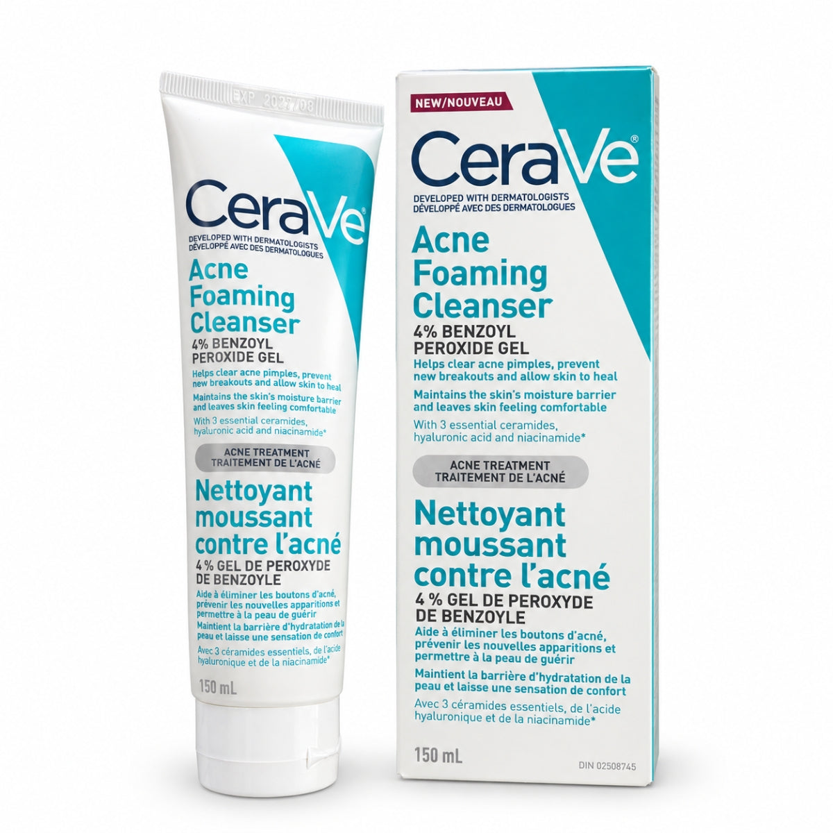 CeraVe Acne Foaming Cleanser 4% Benzoyl Peroxide Gel shown as a white squeeze tube next to its matching blue and white retail box on a plain white background. price in pakistan near me karachi lahore islamabad peshawar quetta gujranwala sukkur mianwali wah taxila hyderabad original