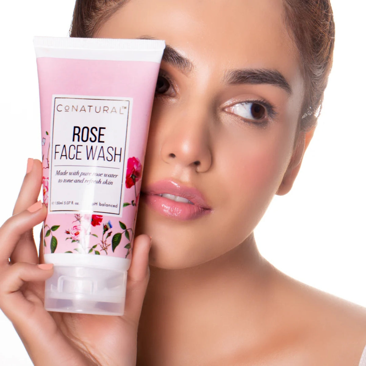 Conatural Rose Face Wash gentle hydrating gel cleanser for sensitive skin Pakistan with girl