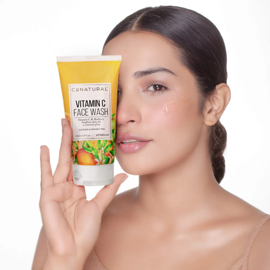 Conatural Vitamin C Face Wash brightening gentle cleanser for dull skin daily use Pakistan with girl
