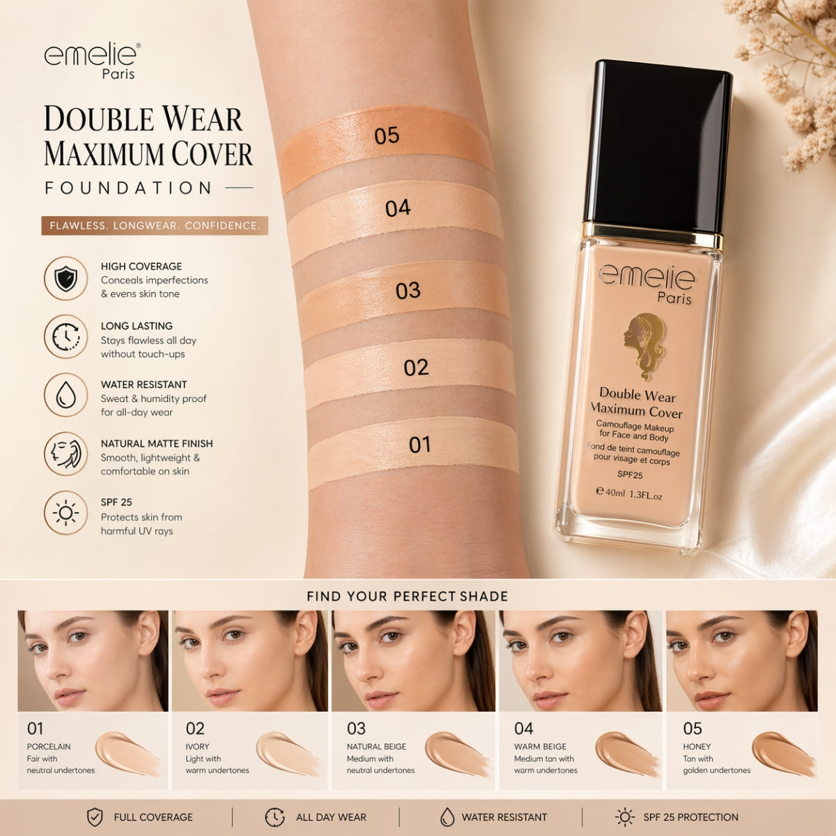 Emelie Double Wear Maximum Cover Foundation SPF25 waterproof full coverage foundation