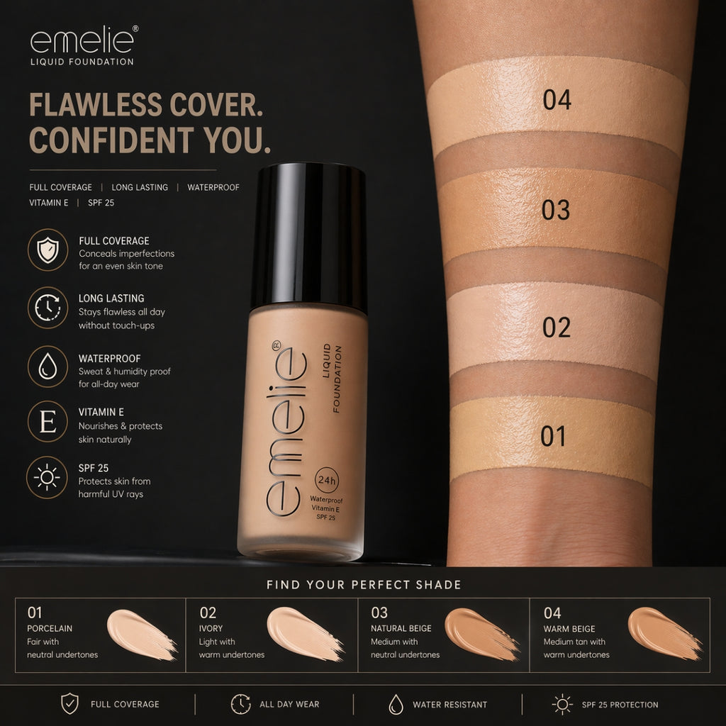 Emelie Liquid Foundation SPF25 waterproof long lasting full coverage foundation