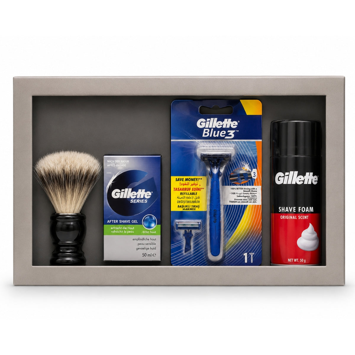 Image Alt Text: Gillette Shaving Gift Set for Men with Shave Foam, Blue3 Razor, After Shave Gel and Brush