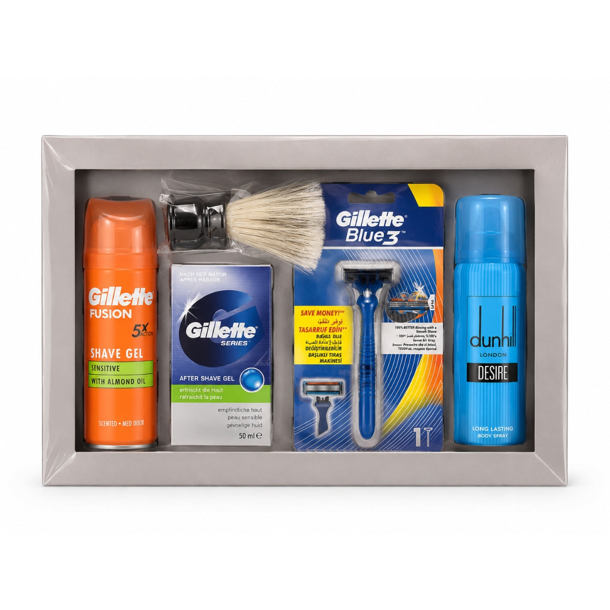 Men Shaving Gift Set with Gillette Fusion Shave Gel Blue3 Razor After Shave Gel Brush and Dunhill Desire Body Spray