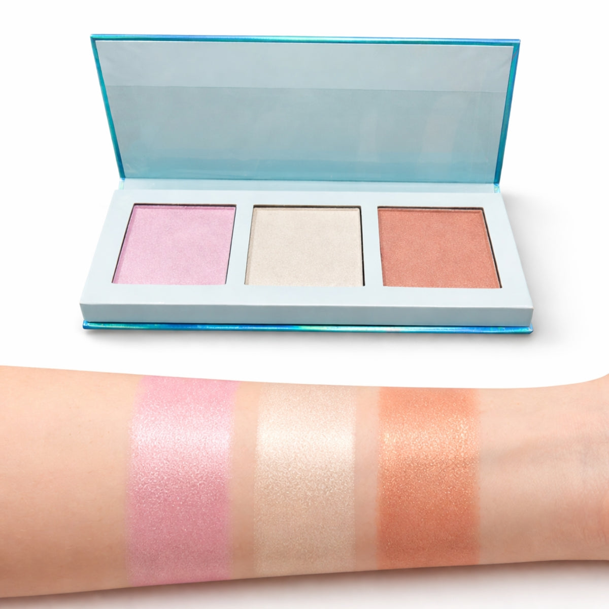 3 shade highlighter palette pink champagne peach glow