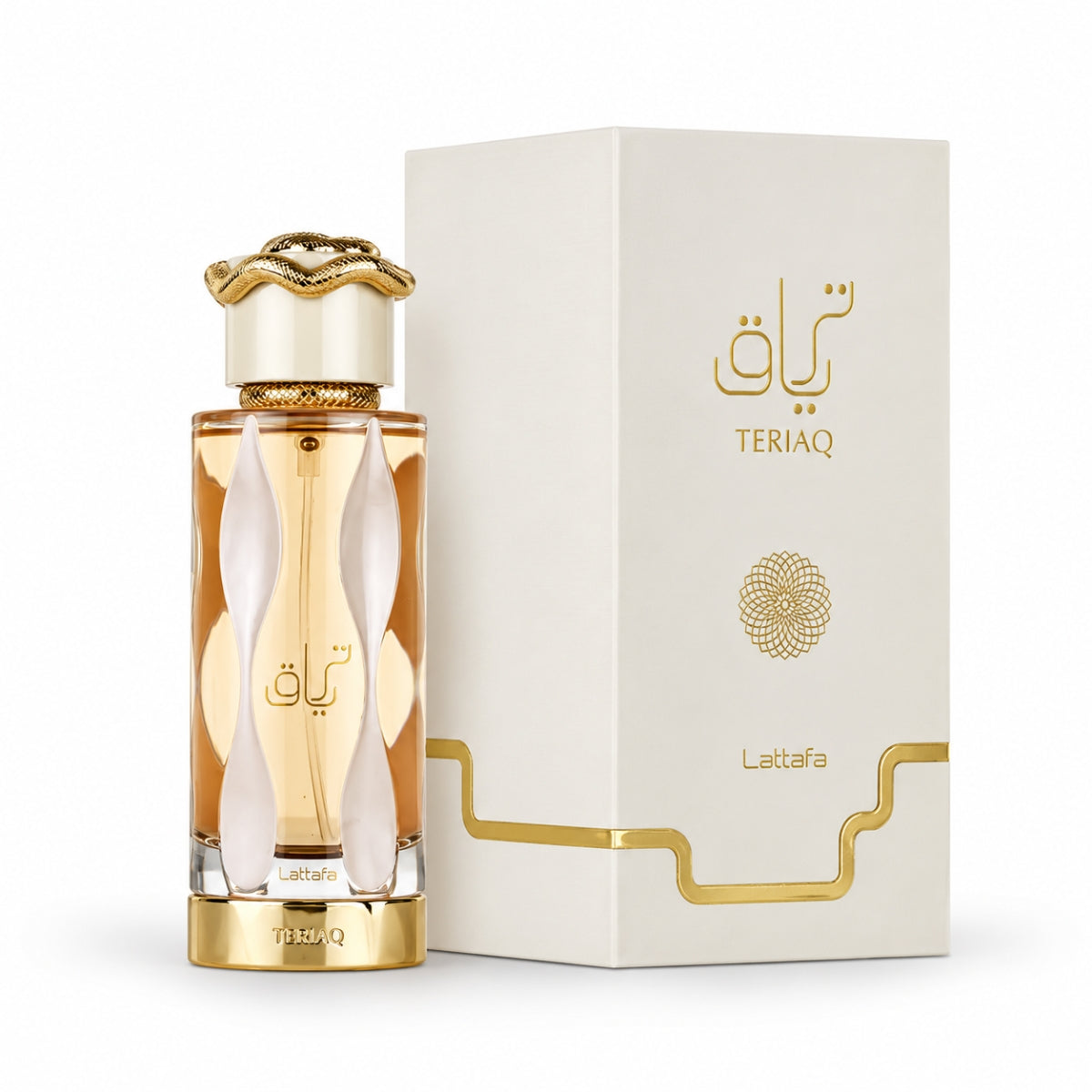 Lattafa Teriaq 100ml EDP perfume bottle with gold snake cap for women in Pakistan most demanding hyped trending price in karachi lahore islamabad peshawar punjab multan gujranwala peshawar