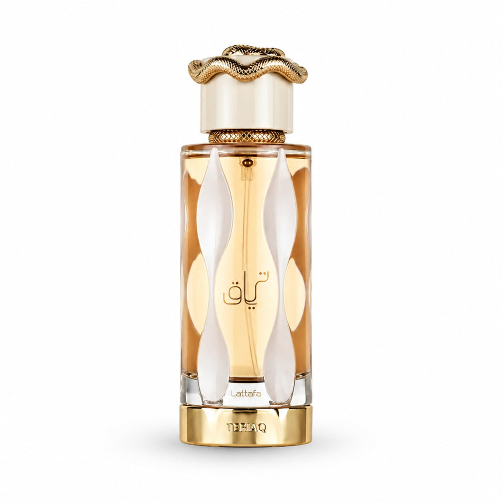 Lattafa Teriaq 100ml EDP perfume bottle with gold snake cap for women in Pakistan most demanding hyped trending price in karachi lahore islamabad peshawar punjab multan gujranwala peshawar