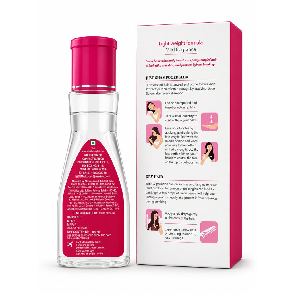 Livon Hair Serum Light Weight Formula bottle for silky smooth hair