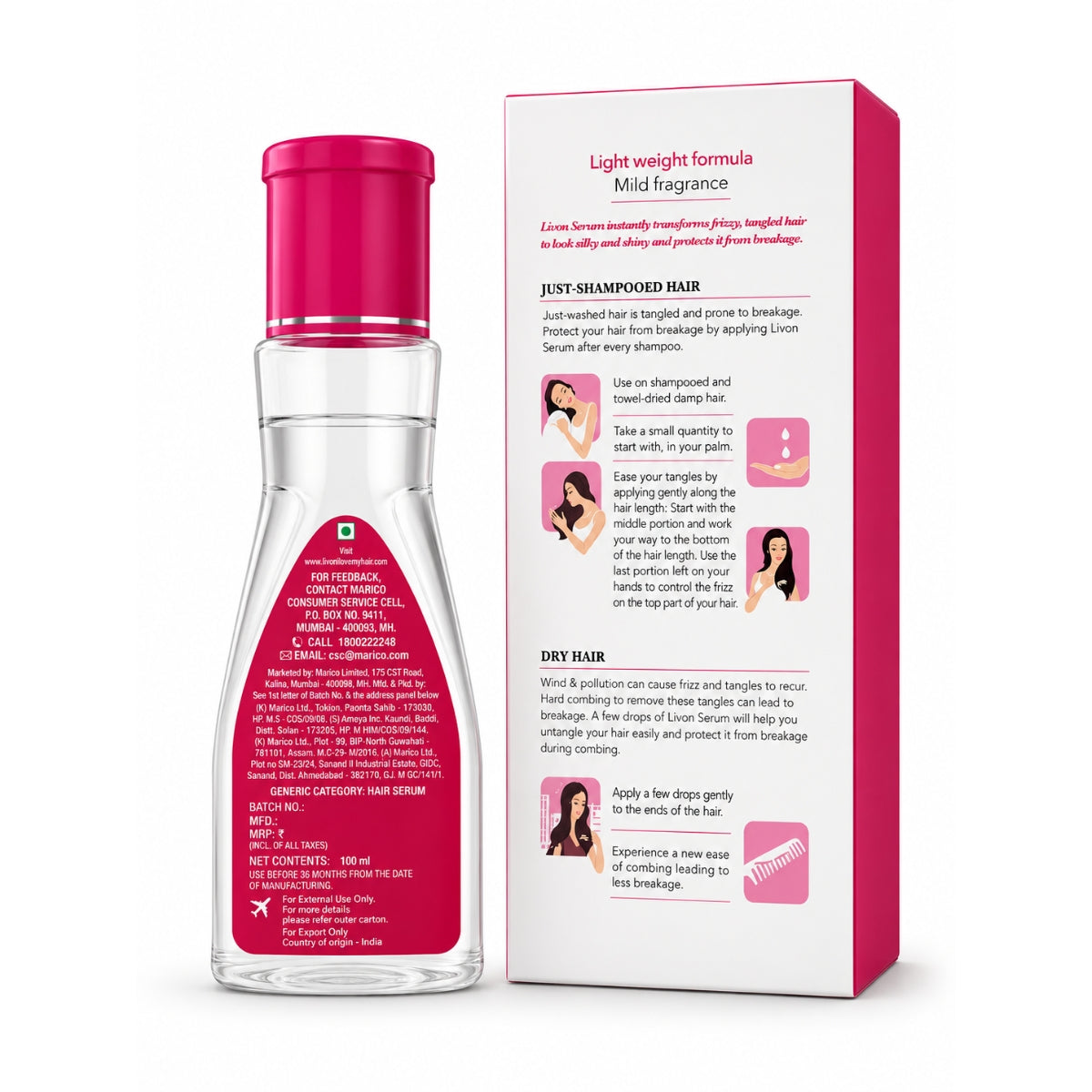 Livon Hair Serum Light Weight Formula bottle for silky smooth hair