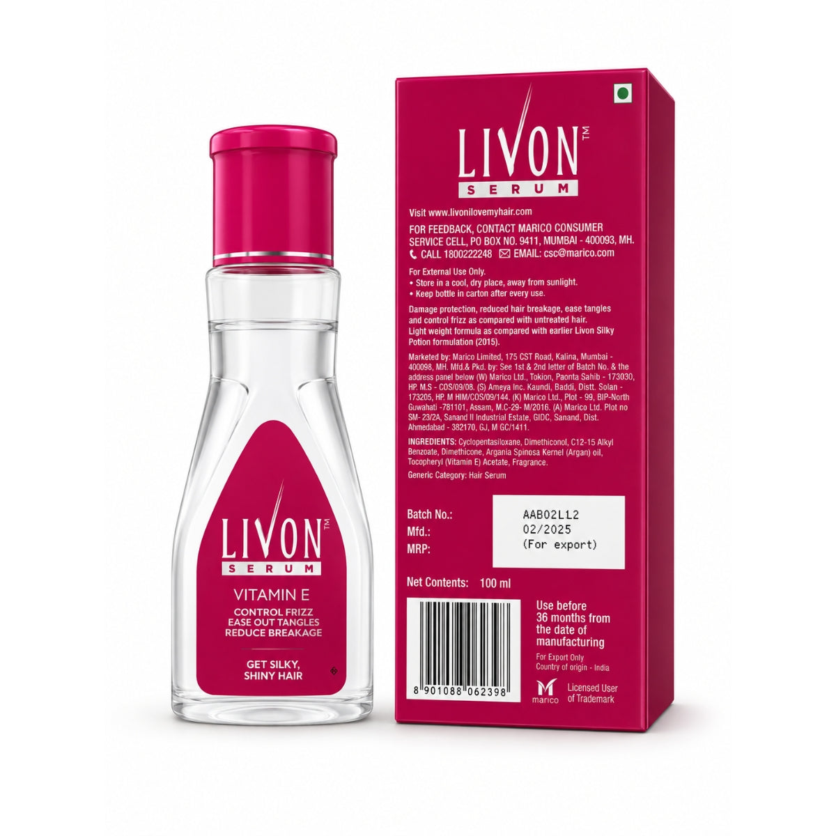 Livon Hair Serum Light Weight Formula bottle for silky smooth hair