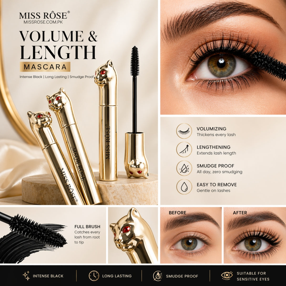 Miss Rose Cat Eye Mascara volumizing waterproof black tiger mascara for long lashes