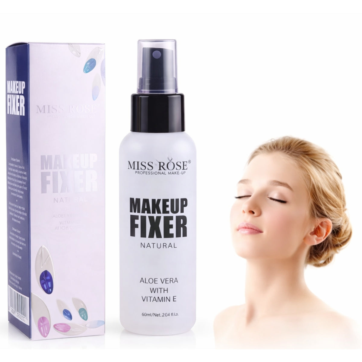 Miss Rose Makeup Fixer bottle and packaging with a model in the background