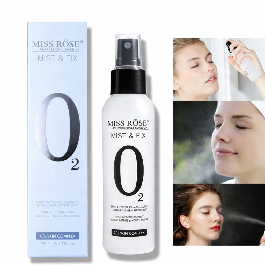 Miss Rose Mist & Fix product with packaging and usage images.