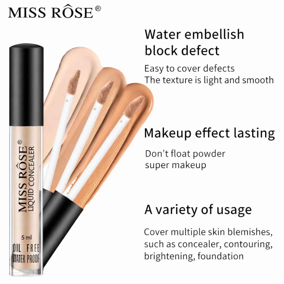Miss Rose Full Coverage Concealer waterproof for dark circles acne blemishes smooth finish