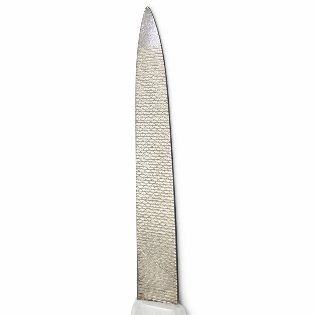 Metal nail filer with light blue plastic handle for shaping and smoothing nails at home