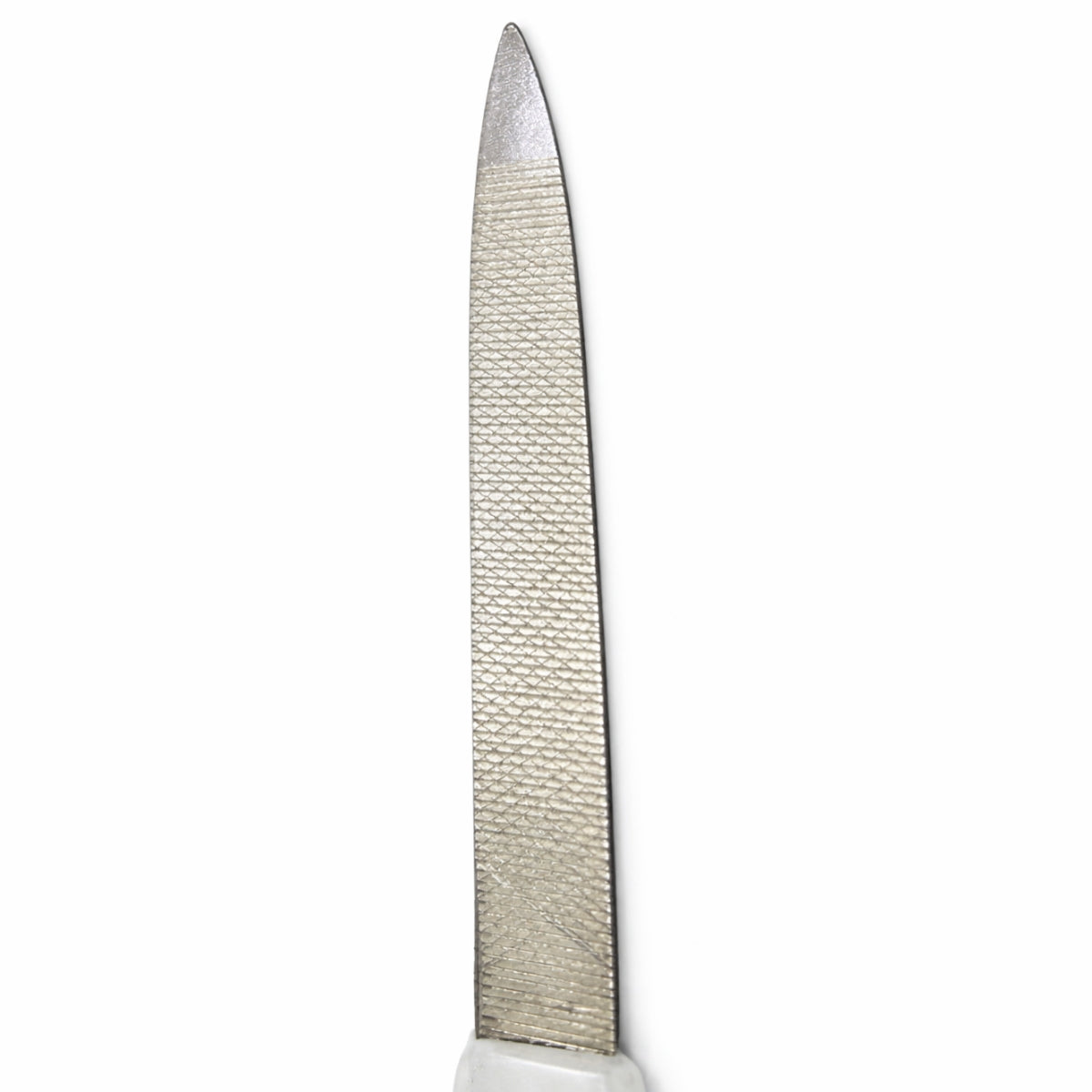Metal nail filer with light blue plastic handle for shaping and smoothing nails at home