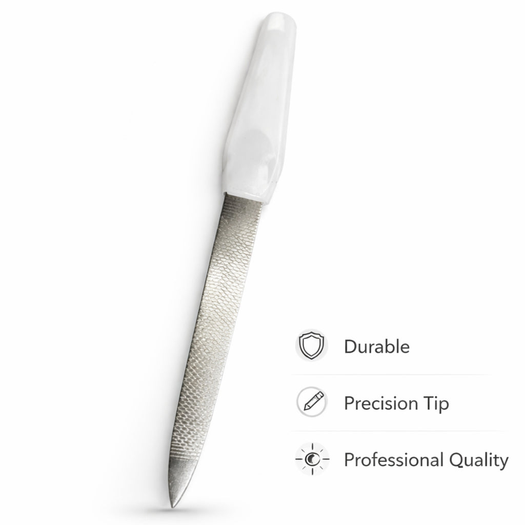 Metal nail filer with light blue plastic handle for shaping and smoothing nails at home