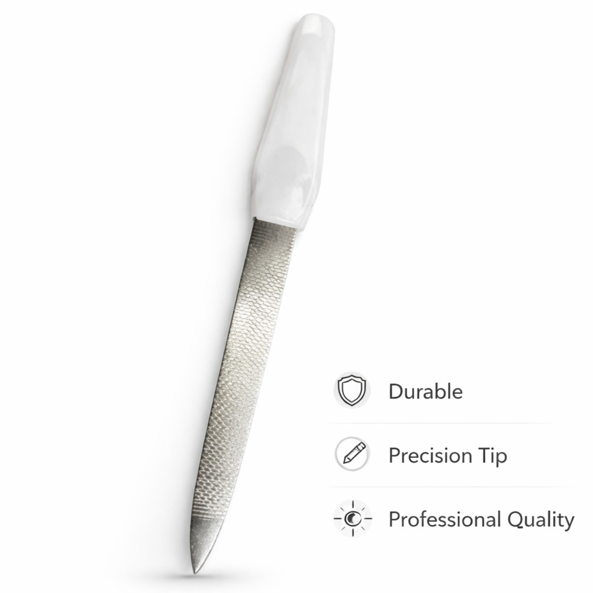 Metal nail filer with light blue plastic handle for shaping and smoothing nails at home