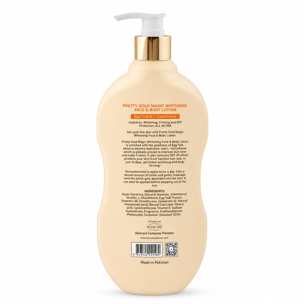 Pretty gold magic whitening 14 days spf20 face and body lotion with egg yolk 500ml back for Winter Dry Skin 150ml price in pakistan near me original karachi lahore islamabad peshawar quetta multan sukkur winter season 48hr