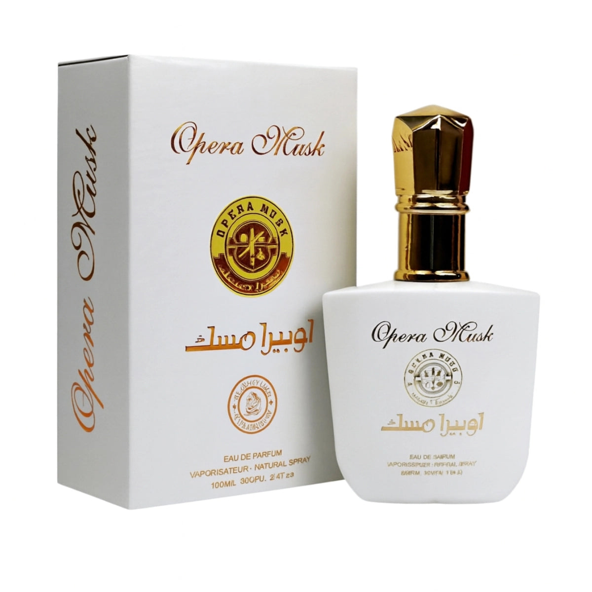 Opera Musk perfume bottle and packaging on a white background