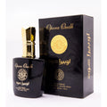 Black perfume bottle and packaging with gold accents on a white background