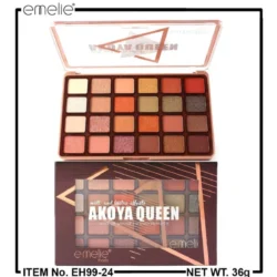 Emelie Akoya Queen 24 Color Eyeshadow Palette featuring vibrant, blendable shades.