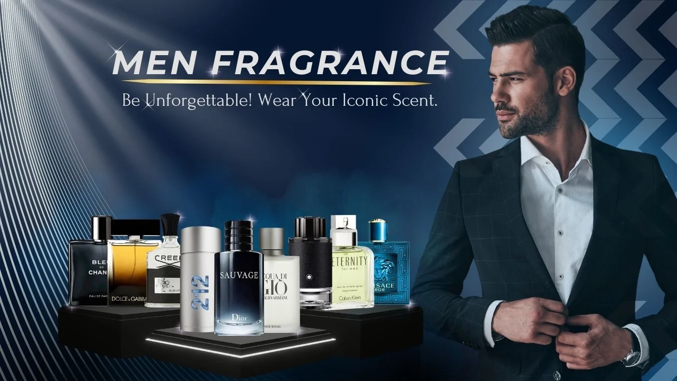 Banner showcasing top branded men’s perfumes like Dior, Hugo Boss, Paco Rabanne