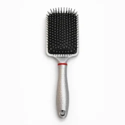 Silver cushion paddle hair brush with plastic ball tip bristles for gentle detangling and daily styling