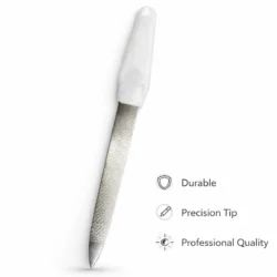 Metal nail filer with light blue plastic handle for shaping and smoothing nails at home
